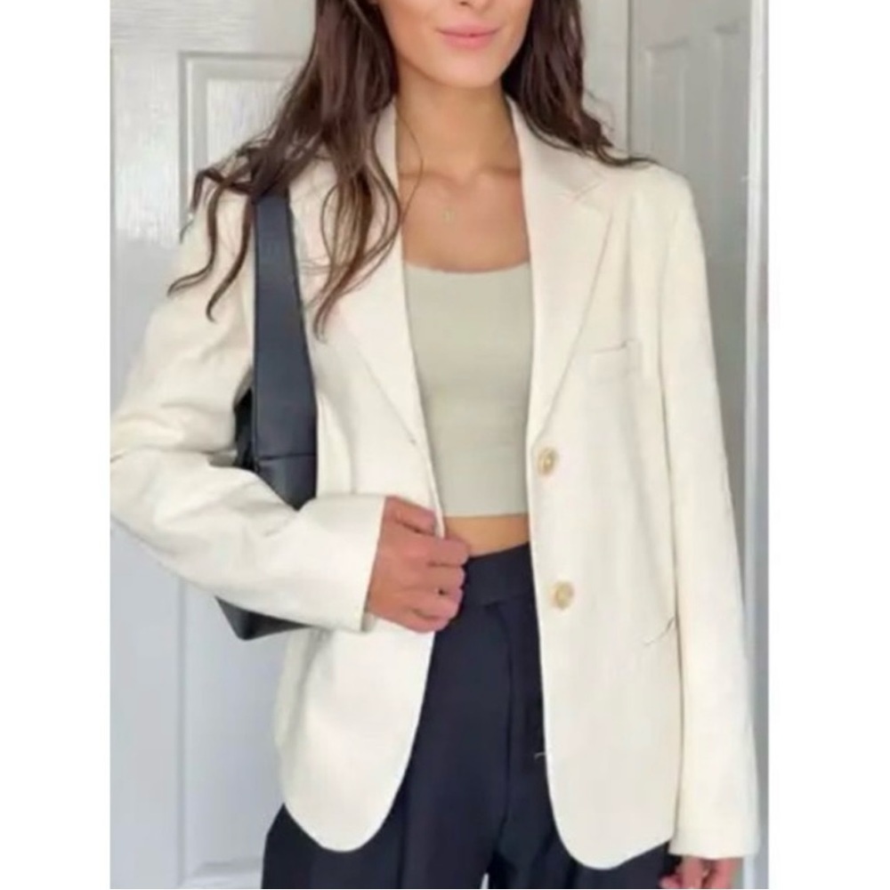 Zara Bloggers Favorite Oyster White Lapel Collar Buttoned Cotton Blazer Sz L